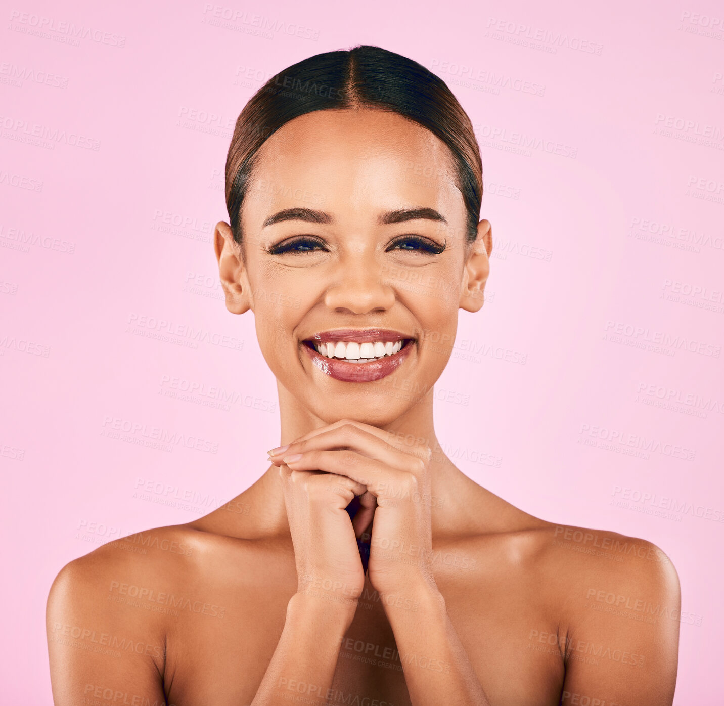 Buy stock photo Skincare, makeup and portrait of happy woman with natural beauty, wellness and glow on pink background. Cosmetics, dermatology and model with smile, luxury facial care and spa aesthetic in studio.