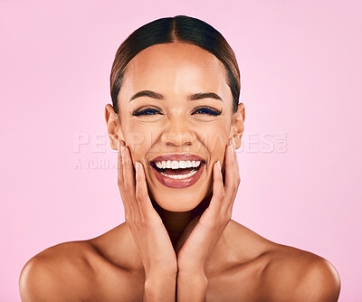 Buy stock photo Skincare, beauty and portrait of happy woman with makeup, wellness and glow on pink background. Cosmetics, dermatology and model with smile on face, luxury facial care and healthy aesthetic in studio