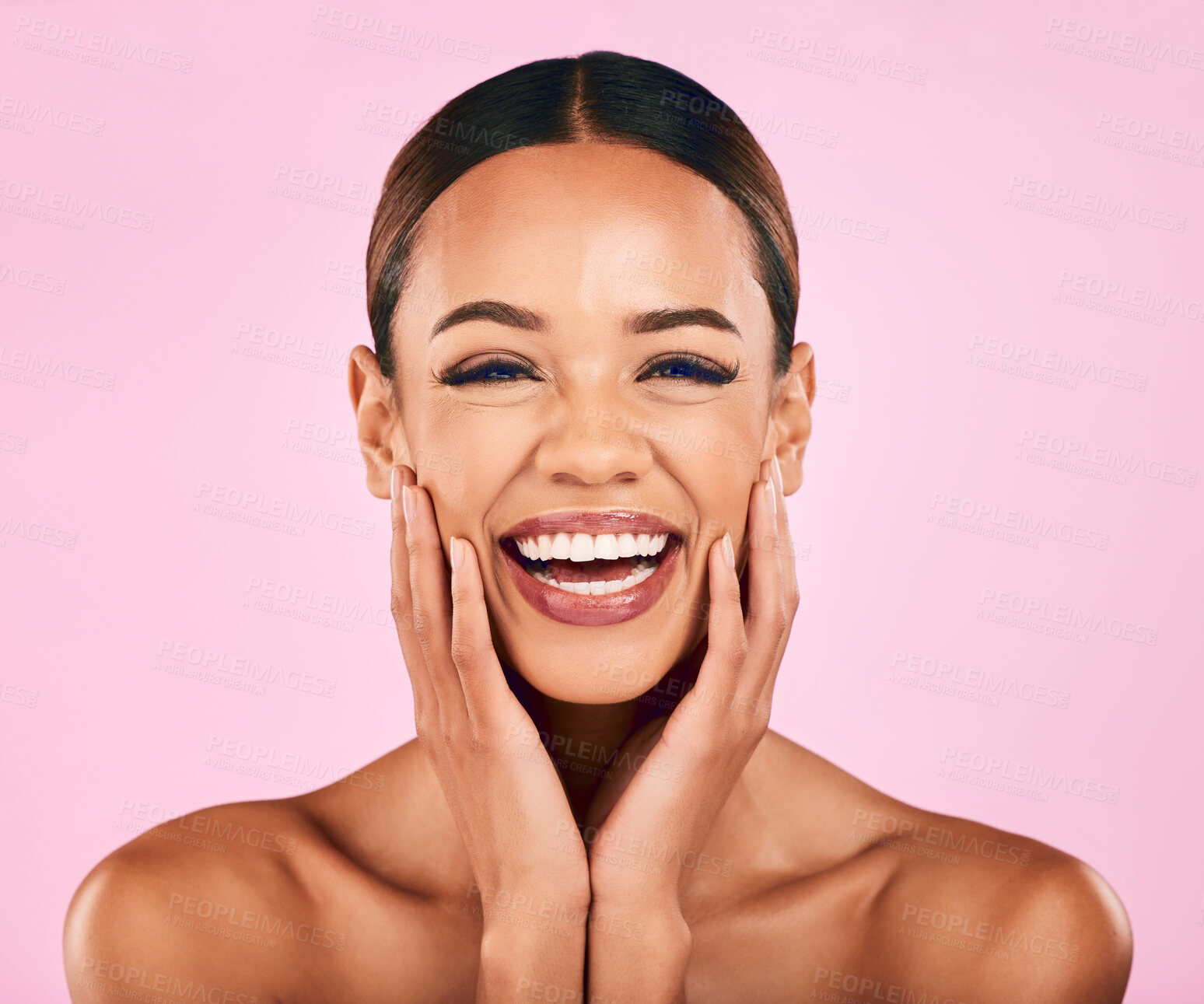 Buy stock photo Skincare, beauty and portrait of happy woman with makeup, wellness and glow on pink background. Cosmetics, dermatology and model with smile on face, luxury facial care and healthy aesthetic in studio