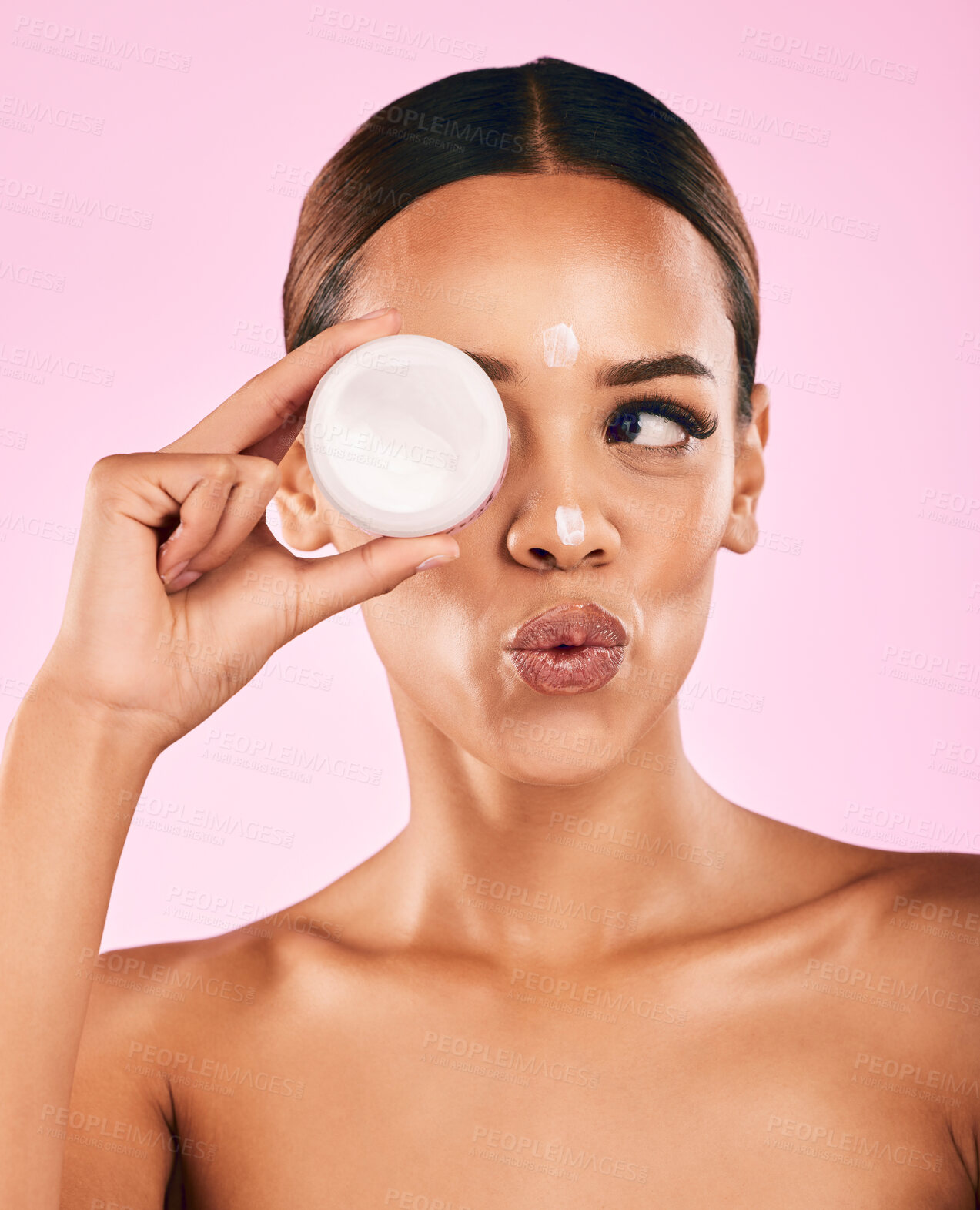 Buy stock photo Beauty, cream and portrait of woman with skincare and cosmetics for facial care, dermatology or treatment on pink background. Face, happy and healthy girl with product, lotion or moisturizer on skin