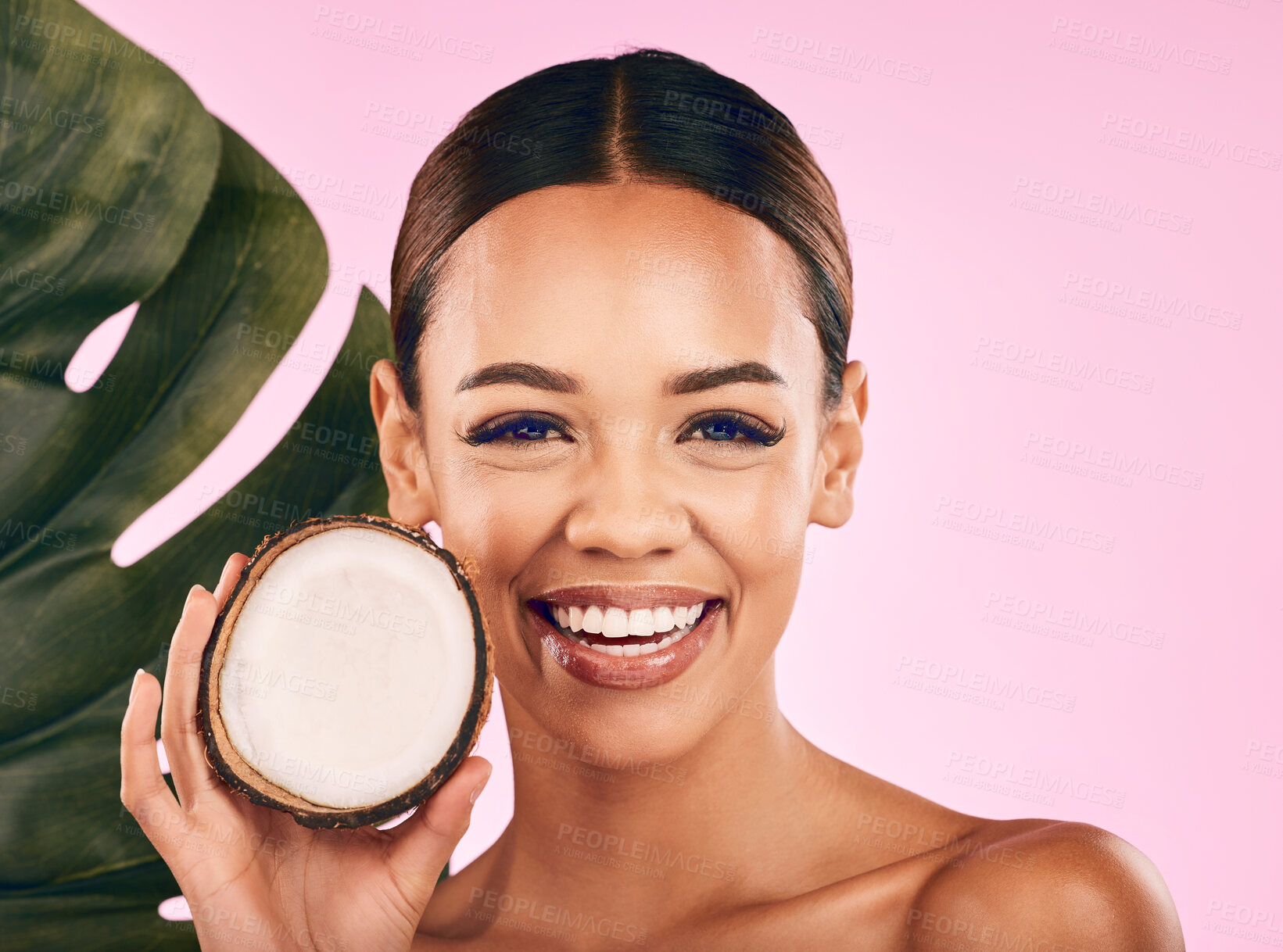 Buy stock photo Fruit, coconut and portrait of woman with skincare, beauty and cosmetics for natural or vegan facial care, dermatology or treatment. Smile, happy and healthy girl with product, cream or moisturizer