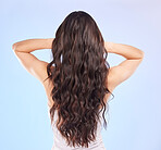 Hair, back view and beauty, woman and balayage hairstyle with Brazilian and shine on blue background. Haircare, female model and cosmetic care, salon treatment and texture with growth in studio