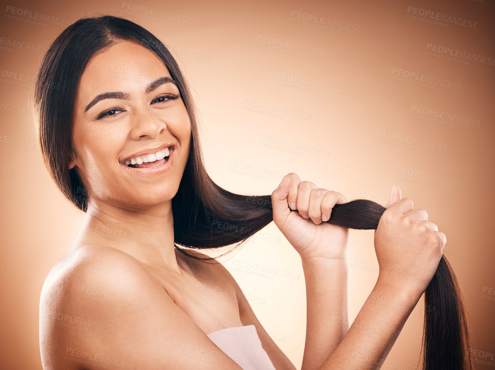 Buy stock photo Beauty, skincare and hair with portrait of woman in studio for self care, cosmetics and glow. Makeup, spa and salon treatment with female model on brown background for wellness, hairstyle and shampoo