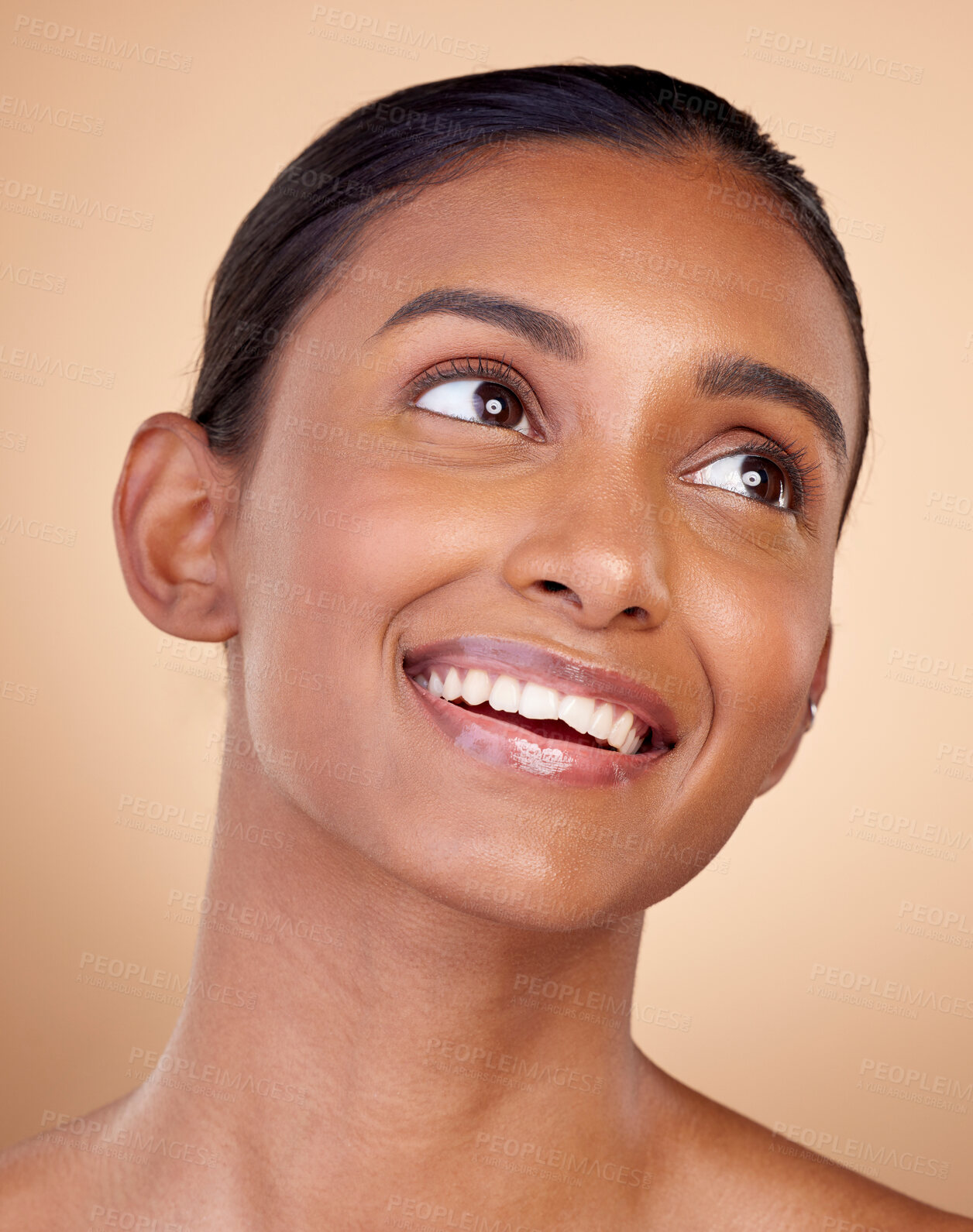 Buy stock photo Face, beauty and happy woman, natural and cosmetics with skincare isolated on blue background. Indian female model, healthy glow and clean skin, dermatology and wellness with spa facial in a studio