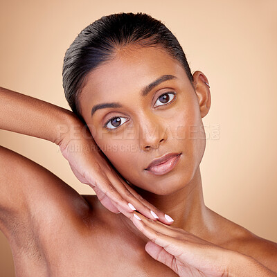 Buy stock photo Skincare, beauty and portrait with  indian girl for glow or self care in brown studio, background. Dermatology, girl and natural cosmetic with spa treatment for luxury facial in mock up for wellness.