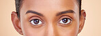 Skincare portrait, vision and eyes of woman with microblading results, eyesight care or closeup contact lens. Beauty eyebrow routine, spa studio cosmetics or face of makeup person on brown background