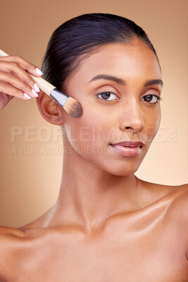 Buy stock photo Foundation, makeup and brush with portrait of woman in studio for facial, beauty and self care. Cosmetics, product and tools with face of model on brown background for glow, skincare and dermatology