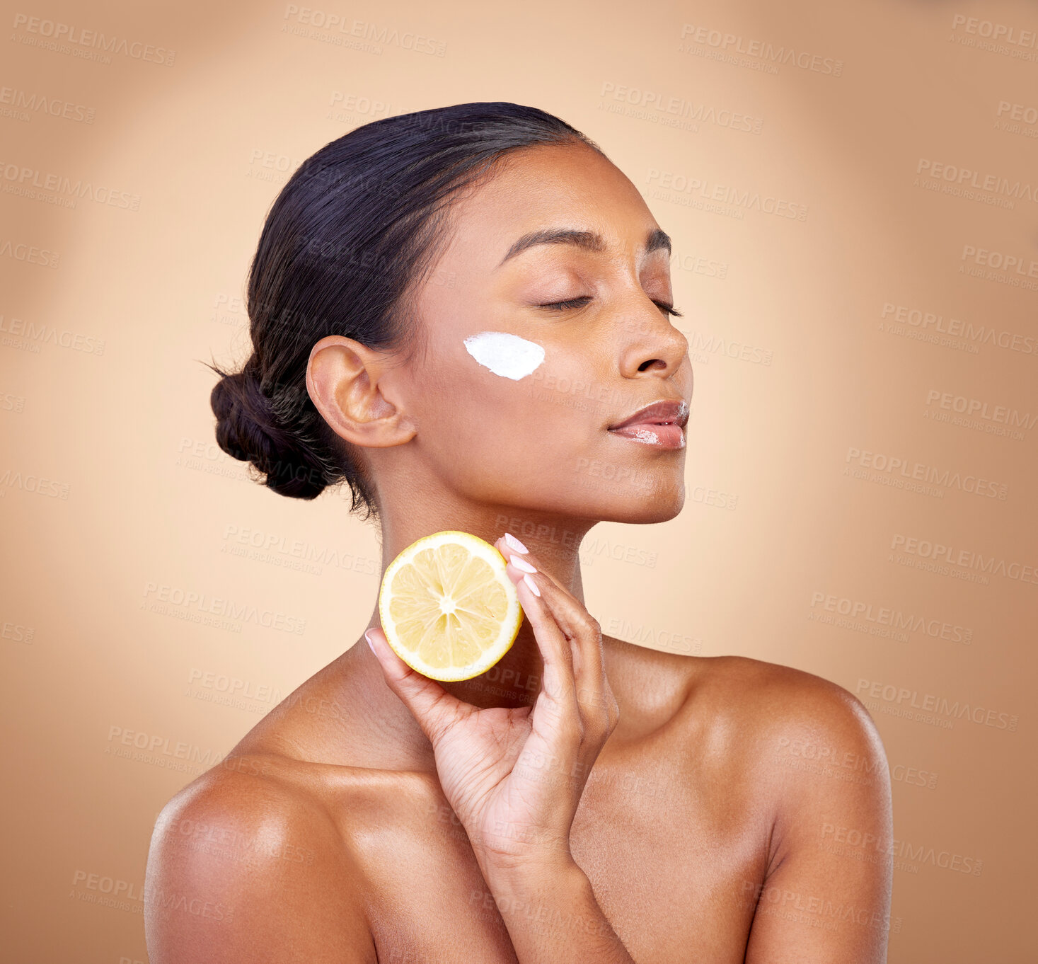 Buy stock photo Woman, lemon and cream for natural skincare, beauty product and cosmetics or vitamin c benefits and thinking. Person sleeping with face lotion, fruits and skin dermatology on brown, studio background