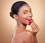 Eating, strawberry and portrait of woman for skincare, natural beauty or benefits from healthy nutrition, diet and fruit. Girl, food and vitamin c for skin to glow, shine or wellness of body