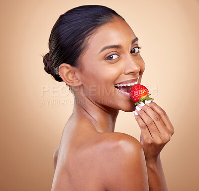 Buy stock photo Eating, strawberry and portrait of woman for skincare, natural beauty or benefits from healthy nutrition, diet and fruit. Girl, food and vitamin c for skin to glow, shine or wellness of body