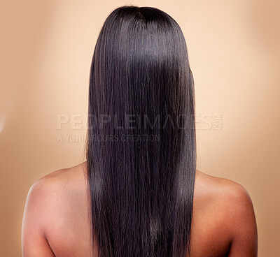 Buy stock photo Back view, hair and woman, beauty and shine with cosmetic care isolated on brown studio background. Female model, haircare and growth, cosmetology and texture with growth and salon hairstyle glow