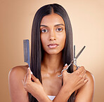 Comb, hair care or  portrait of woman with scissors for beauty or self care for grooming on brown background. Transformation, studio or girl in salon with tools or cosmetics for haircut treatment