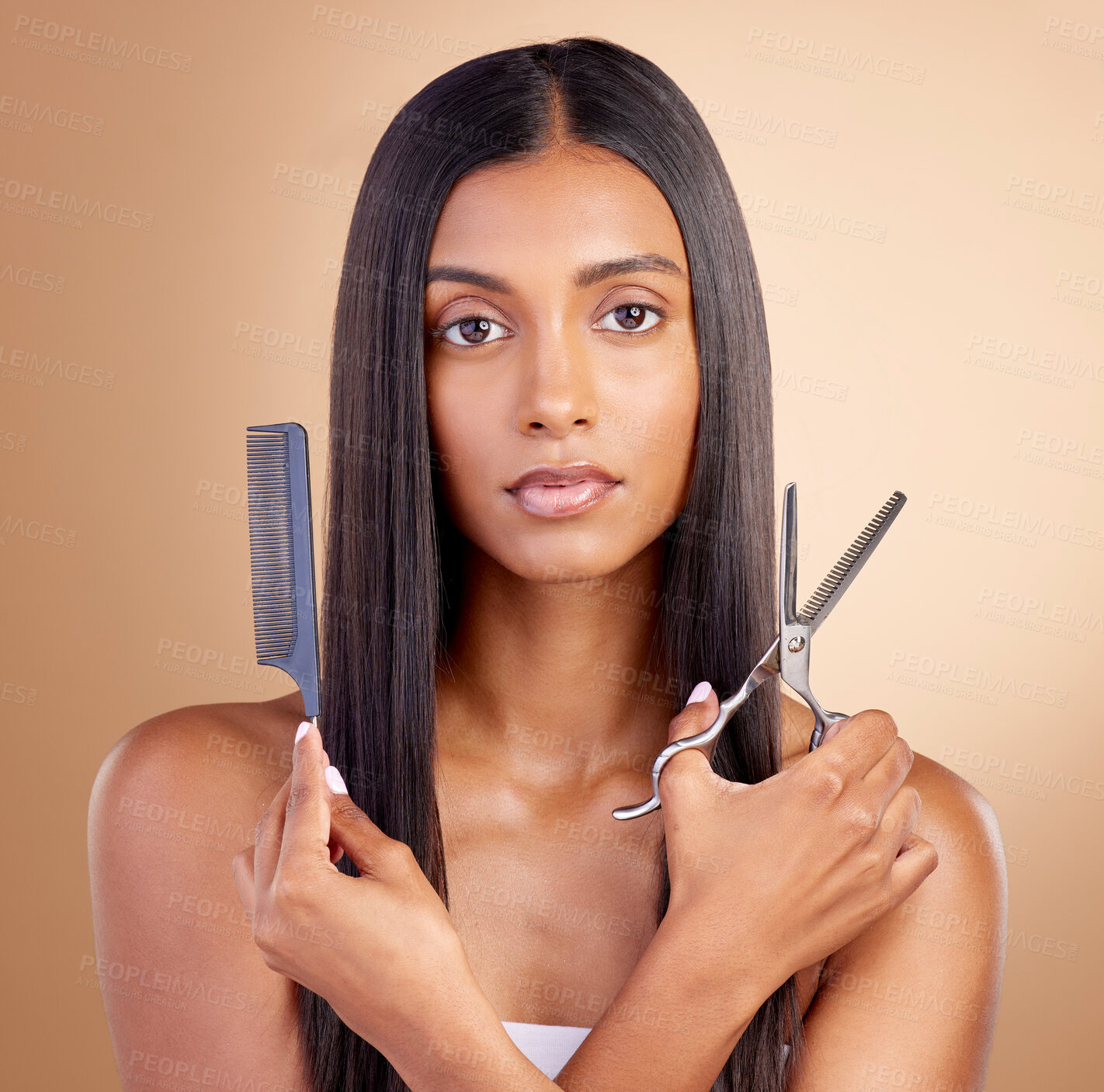 Buy stock photo Comb, hair care or  portrait of woman with scissors for beauty or self care for grooming on brown background. Transformation, studio or girl in salon with tools or cosmetics for haircut treatment