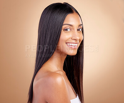 Buy stock photo Beauty, smile and hair with portrait of woman in studio for shampoo, salon and hairstyle. Skincare, cosmetics and self care with face of female model on brown background for makeup, glow and spa
