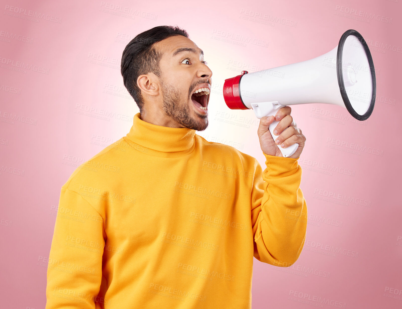 Buy stock photo Man, megaphone and voice for news, broadcast or student sale with wow announcement on studio pink background. Young person or gen z noise with call to action, university attention or college speaker