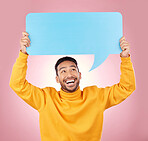 Speech bubble, wow and man or student presentation, news or announcement for college opportunity. Excited, quote and information of happy person for university communication on studio pink background