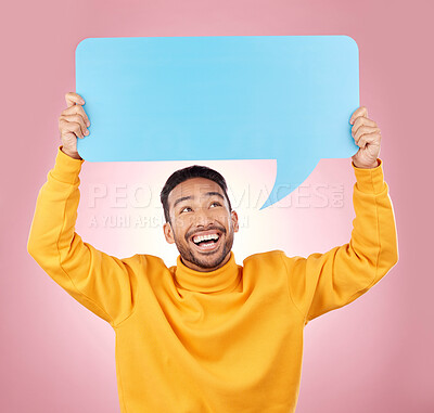 Buy stock photo Speech bubble, wow and man or student presentation, news or announcement for college opportunity. Excited, quote and information of happy person for university communication on studio pink background