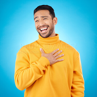 Buy stock photo Young man, ego and pride in studio, with choice of me and comic laugh with trendy clothes by blue background. Funny gen z person, fashion model or happy student with smile after joke with self love