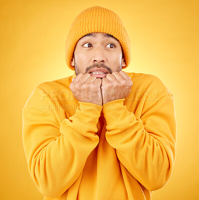 Buy stock photo Surprise, face and asian male shocked by winter, fashion and sale announcement in studio on yellow background. Wtf, worry and Japanese male customer with omg deal, news or coming soon promotion