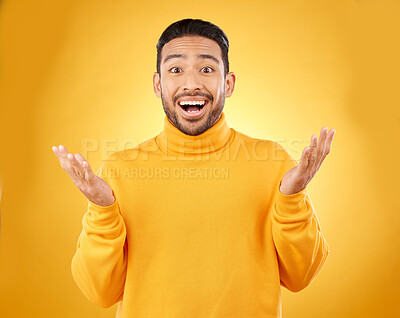 Buy stock photo Excited, surprise and portrait of man with wow face, emoji or facial expression for joy isolated in a yellow studio background. Casual, happy and friendly young male person with smile reaction