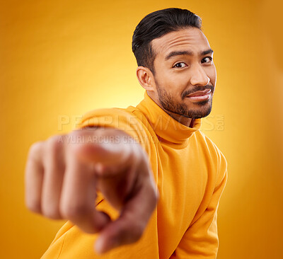 Buy stock photo Portrait, asian man and hand pointing in studio with you, sign or thank you gesture on yellow background. Face, finger and Japanese male model with selection, choice or decision, vote or attention