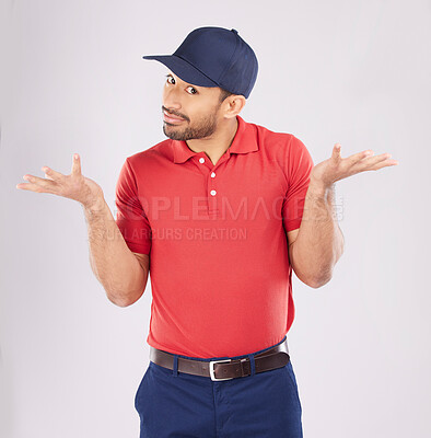 Buy stock photo Shrug, confused and unsure man in studio with open hands for a question, why or doubt. Portrait of young asian person on a white background with fashion clothes, emoji or review on choice or decision