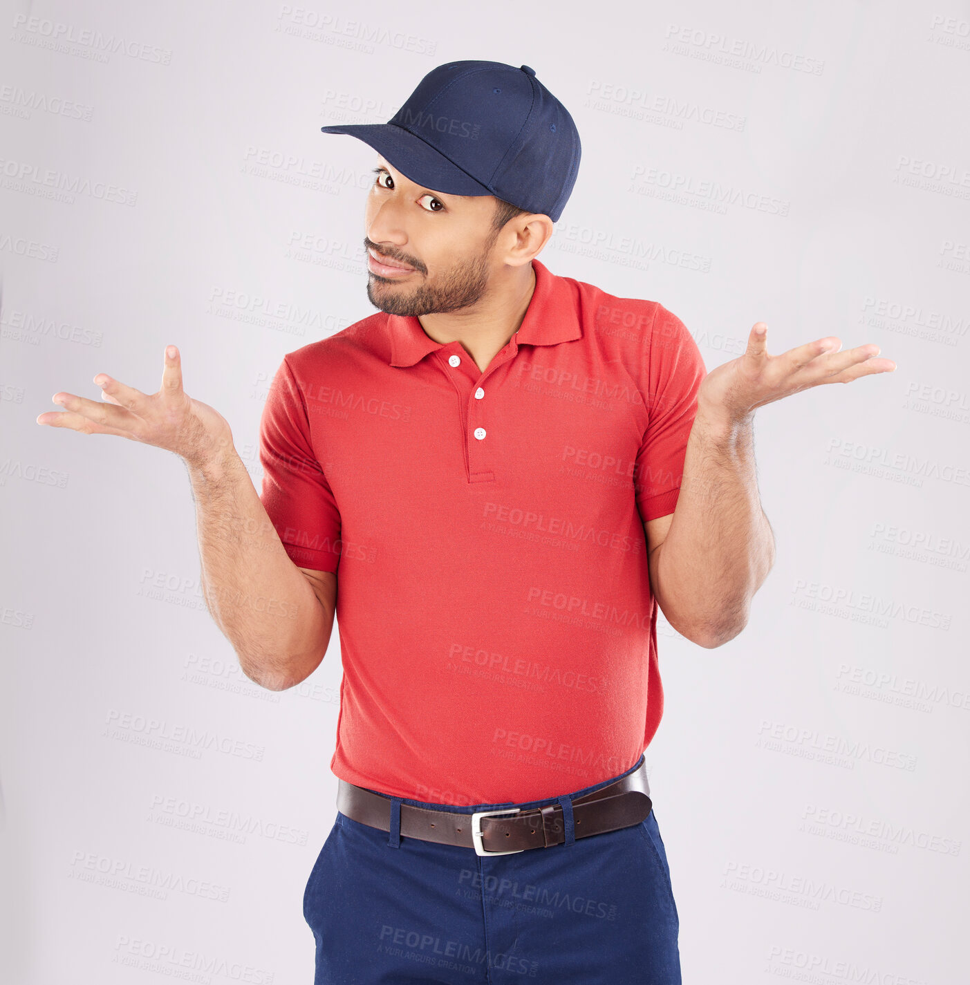 Buy stock photo Shrug, confused and unsure man in studio with open hands for a question, why or doubt. Portrait of young asian person on a white background with fashion clothes, emoji or review on choice or decision