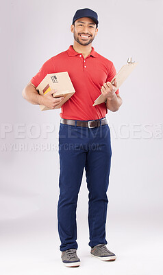 Buy stock photo Asian man, portrait and box with clipboard in delivery, signature or checklist against a grey studio background. Male person smile in supply chain, logistics or courier service with parcel or package