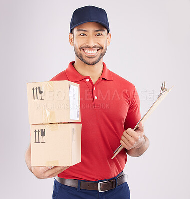 Buy stock photo Happy asian man, portrait and box for courier service, delivery and clipboard for checklist against a grey studio background. Male person smile in supply chain with parcel or package for logistics