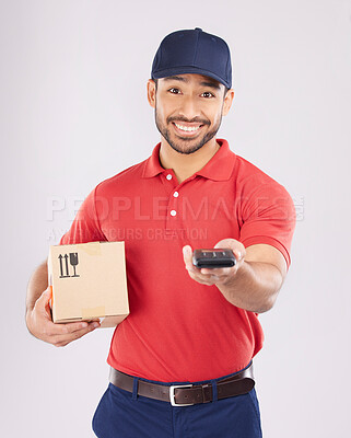 Buy stock photo Happy man, portrait and box with pos for payment, delivery or ecommerce against a grey studio background. Male person smile in supply chain, logistics or courier service with package and card machine