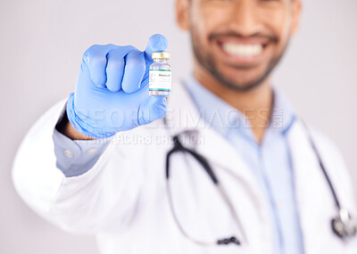 Buy stock photo Vaccine, doctor hands and monkeypox bottle for safety, medicine development and healthcare innovation in studio. Closeup of medical worker with vaccination, liquid vial and drugs for virus immunity