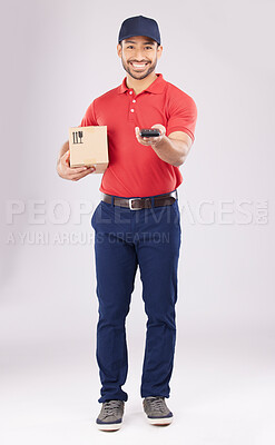 Buy stock photo Asian man, portrait and box with pos for payment, delivery or ecommerce against a grey studio background. Male person smile in supply chain, logistics or courier service with package and card machine