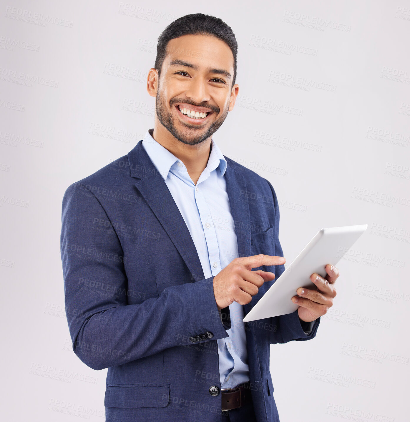 Buy stock photo Portrait, asian man and business tablet in studio for planning research, trading data or stock market information. Happy male trader scroll on digital tech to financial connection on white background