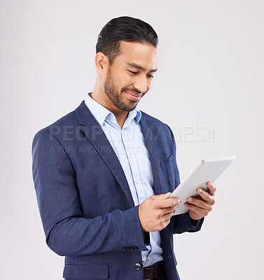 Buy stock photo Business, happy asian man and tablet in studio for planning research, trading data or stock market information. Corporate trader scroll on digital technology for financial website on white background