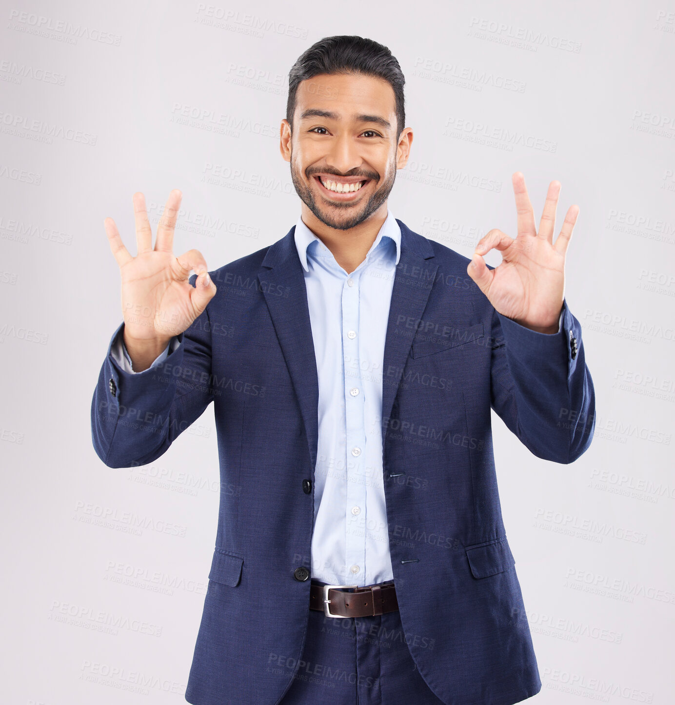 Buy stock photo Happy, portrait and asian man with perfect sign in studio for support, agree or feedback, thank you or review on grey background. Smile, face and emoji okay gesture by male with approval, like or yes