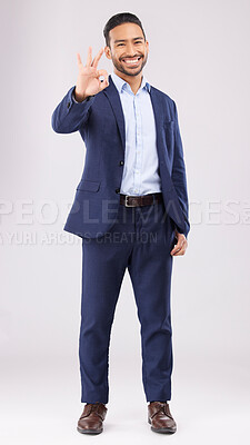 Buy stock photo Okay, yes and portrait of business man in studio for support, motivation and achievement. Success, corporate and feedback with male employee on white background for like, emoji and thank you sign