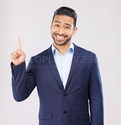 Buy stock photo Confused, pointing and portrait with business man in studio for idea, advertising and news. Question, space and announcement with person on white background for promotion, mockup and information