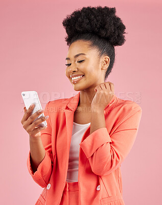 Buy stock photo African woman, phone and studio with thinking, texting or web chat for contact, smile and pink background. Young fashion model, student or gen z girl with smartphone, beauty or ideas for social media