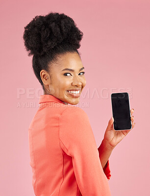 Buy stock photo Portrait of happy woman, phone and screen in studio for contact info, website promo or social media. Cellphone, mobile app and African model on pink background with online announcement, offer or deal