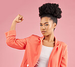 Portrait, black woman and flex for power, strong and leadership against a studio background. Face, female person and model with strength, arm muscle and achievement with success, winning and energy