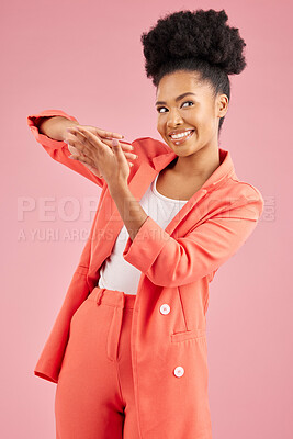 Buy stock photo Black woman, portrait and money gesture or hands in studio for wealth, financial success or celebrate bonus prize on pink background. Lottery, celebration or hand sign for spending cash or bills