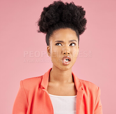 Buy stock photo Confused, black woman and thinking about a beauty idea in studio or pink background with a decision, choice or planning. Question, face and person curious about skincare or solution for fashion