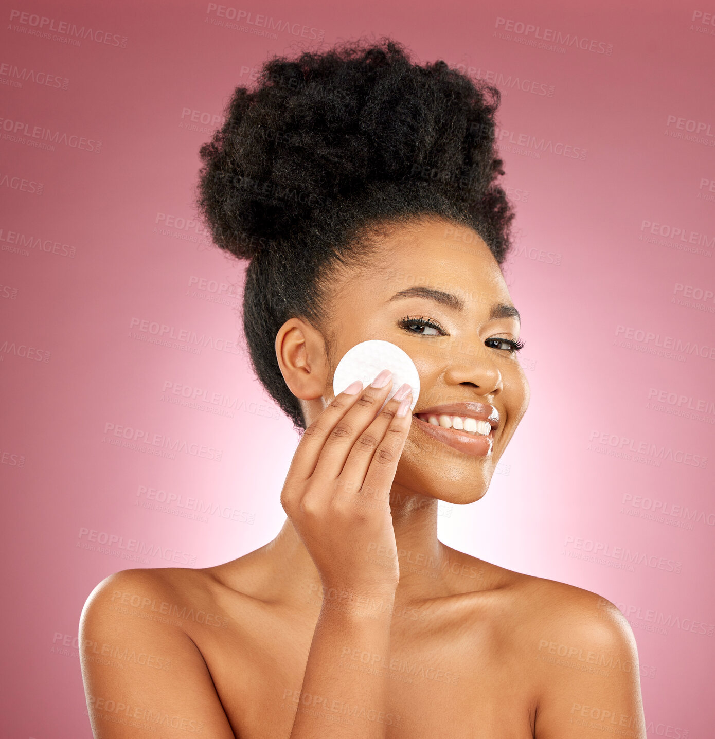 Buy stock photo Black woman, cotton pad and skincare with makeup, portrait and facial on a studio background. Female person, face and happy model with cosmetics, aesthetic and cleaning with patches, shine and glow