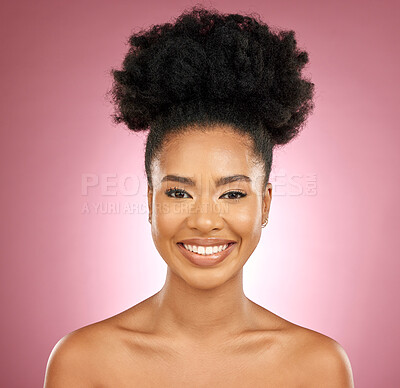 Buy stock photo Smile, beauty and portrait of a black woman for skincare, wellness and dermatology. Happy, cosmetics and a headshot of a young girl or model with facial makeup isolated on a pink background in studio