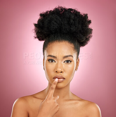 Buy stock photo Decision, choice and portrait of a woman in a studio with a natural, glamour and facial routine. Beauty, doubt and headshot of a young female model with cosmetic face isolated by a pink background.