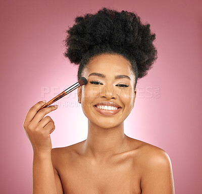 Buy stock photo Makeup, portrait and black woman with brushes, facial and grooming against a studio background. Female person, aesthetic and happy model with cosmetic tools, shine and natural beauty with skincare