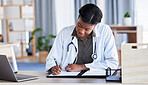 Black woman, doctor and writing on clipboard in clinic, planning documents and schedule in medical office. Female healthcare worker, medicine notes and report of insurance checklist, script and info