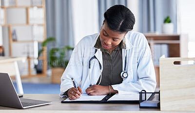 Buy stock photo Black woman, doctor and writing on clipboard in clinic, planning documents and schedule in medical office. Female healthcare worker, medicine notes and report of insurance checklist, script and info