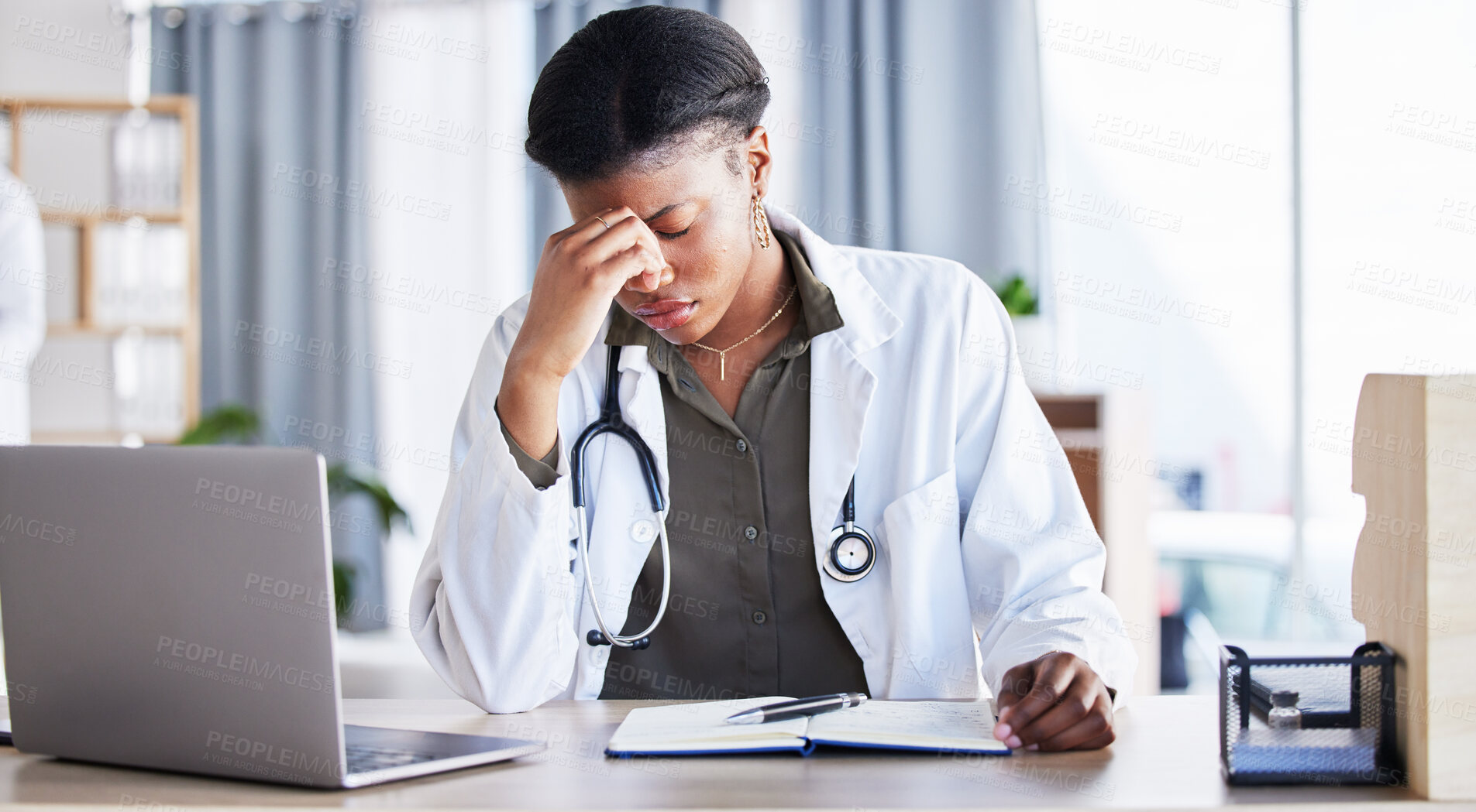 Buy stock photo Headache, tired doctor and woman in medical office with burnout challenge, clinic problem and stress risk. Frustrated black female healthcare worker with fatigue, migraine pain and anxiety of mistake