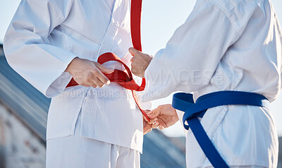 Buy stock photo Karate, belt and people outdoor for training, workout or fitness achievement in city. Martial arts, sports and coach with student for taekwondo competition, battle and challenge to fight or exercise